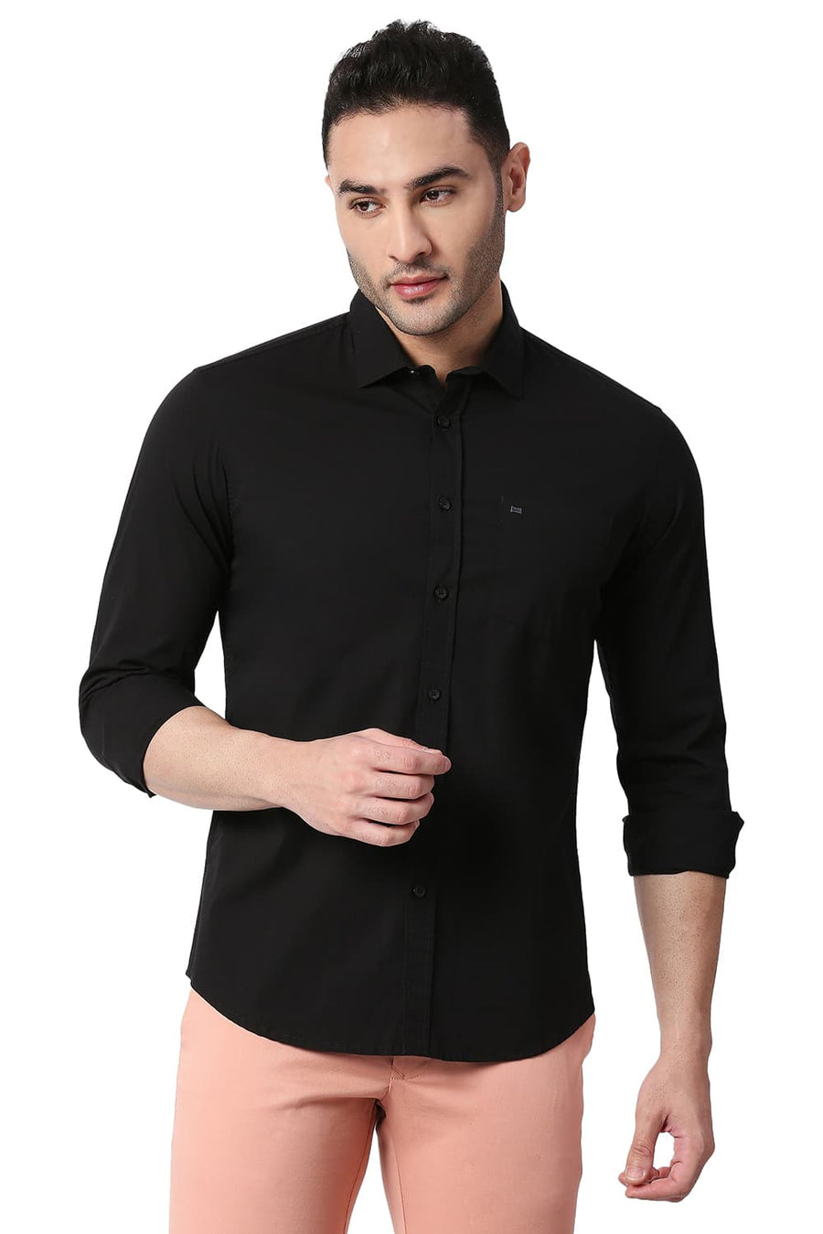 BASICS SLIM FIT MOONLESS BLACK COTTON POPLIN STRETCH SHIRT