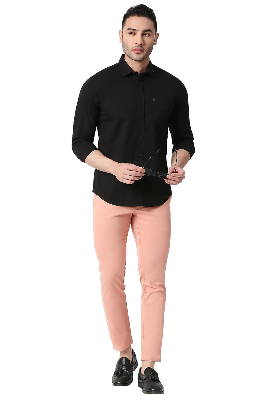BASICS SLIM FIT MOONLESS BLACK COTTON POPLIN STRETCH SHIRT