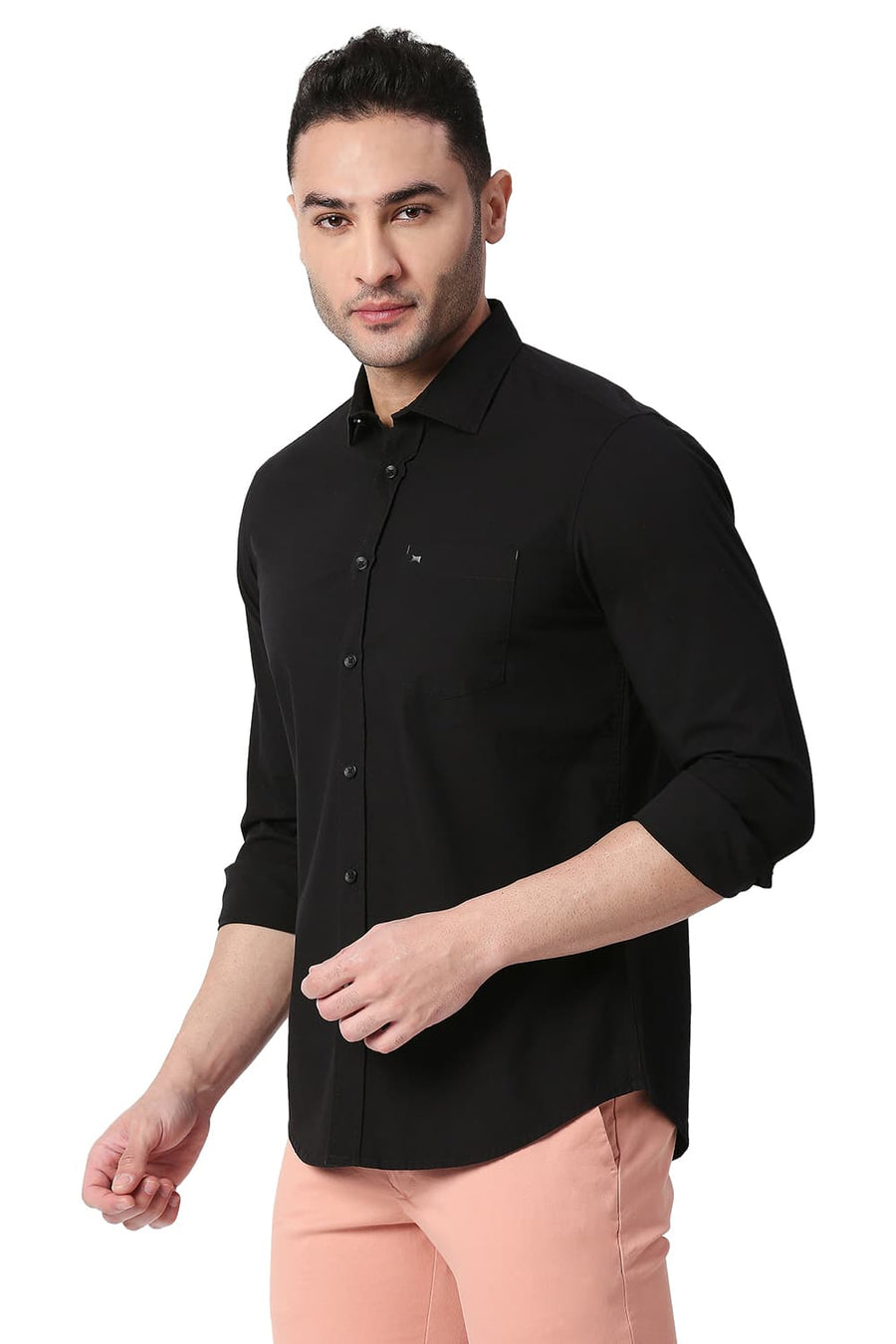 BASICS SLIM FIT MOONLESS BLACK COTTON POPLIN STRETCH SHIRT
