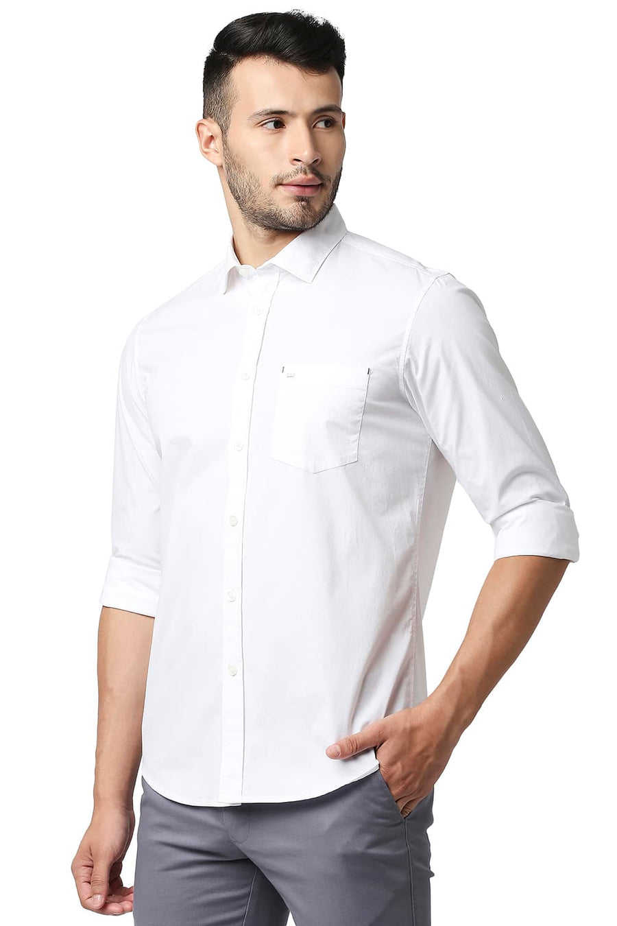 BASICS SLIM FIT BRILLIANT WHITE COTTON POPLIN STRETCH SHIRT