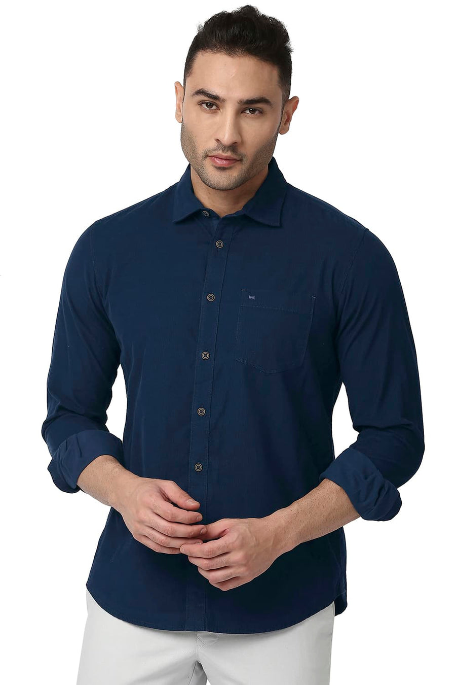 BASICS SLIM FIT TITAN BLUE COTTON CORDUORY SHIRT