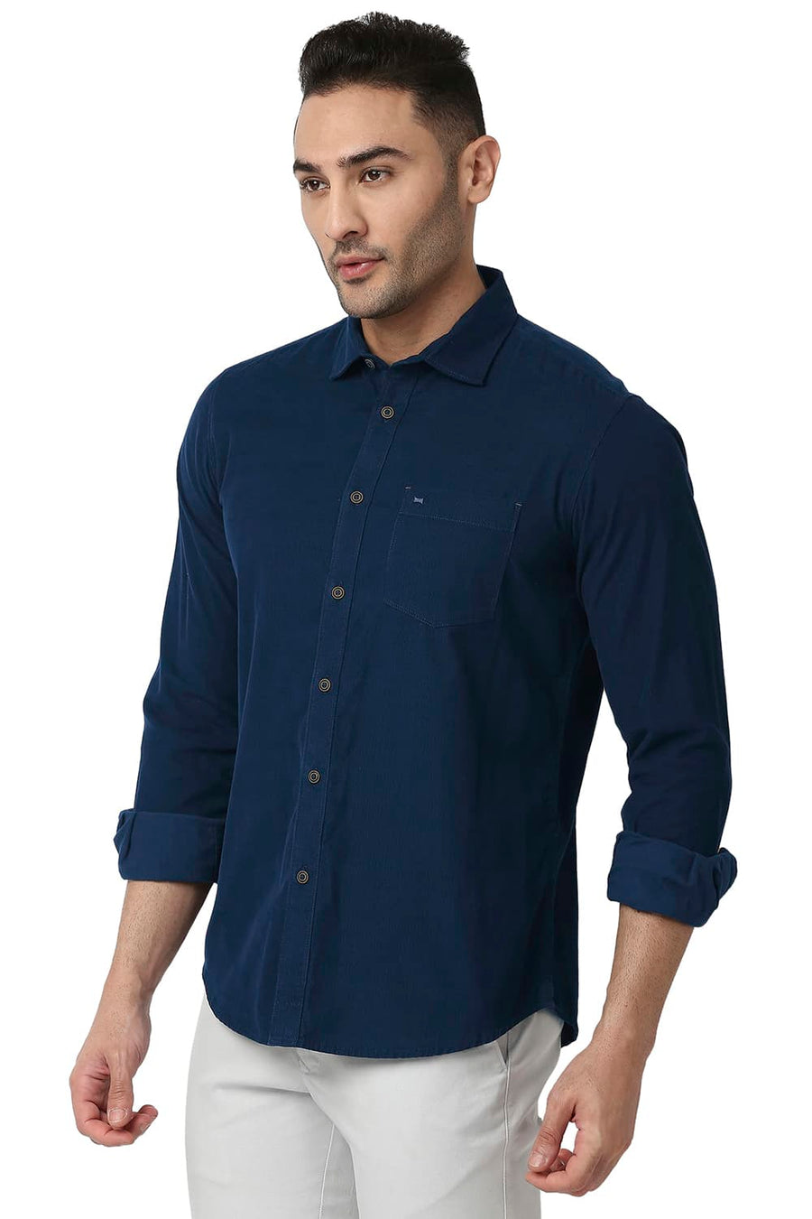 BASICS SLIM FIT TITAN BLUE COTTON CORDUORY SHIRT