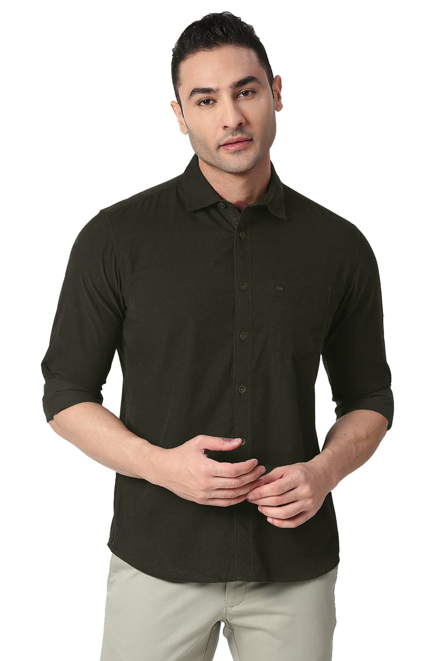 BASICS SLIM FIT ROSIN GREEN COTTON CORDUORY SHIRT
