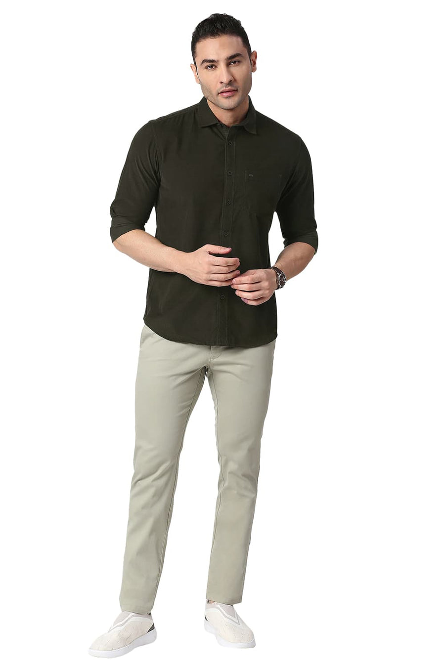 BASICS SLIM FIT ROSIN GREEN COTTON CORDUORY SHIRT