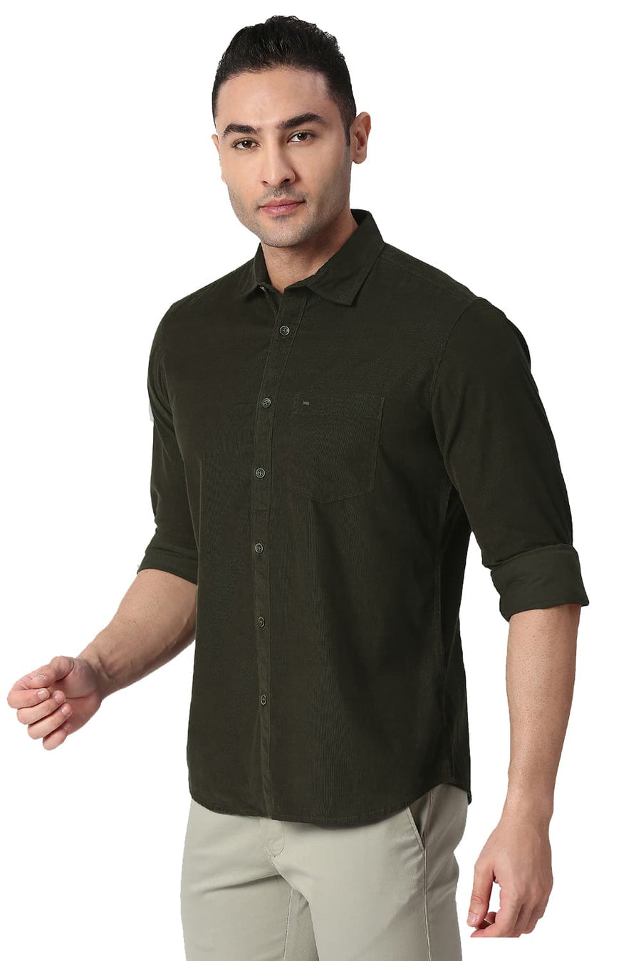 BASICS SLIM FIT ROSIN GREEN COTTON CORDUORY SHIRT