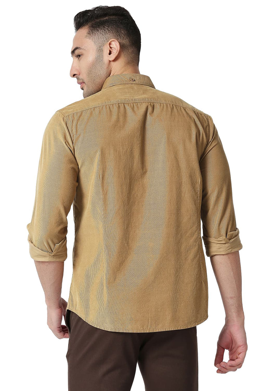 BASICS SLIM FIT BRONZE KHAKI COTTON CORDUORY SHIRT