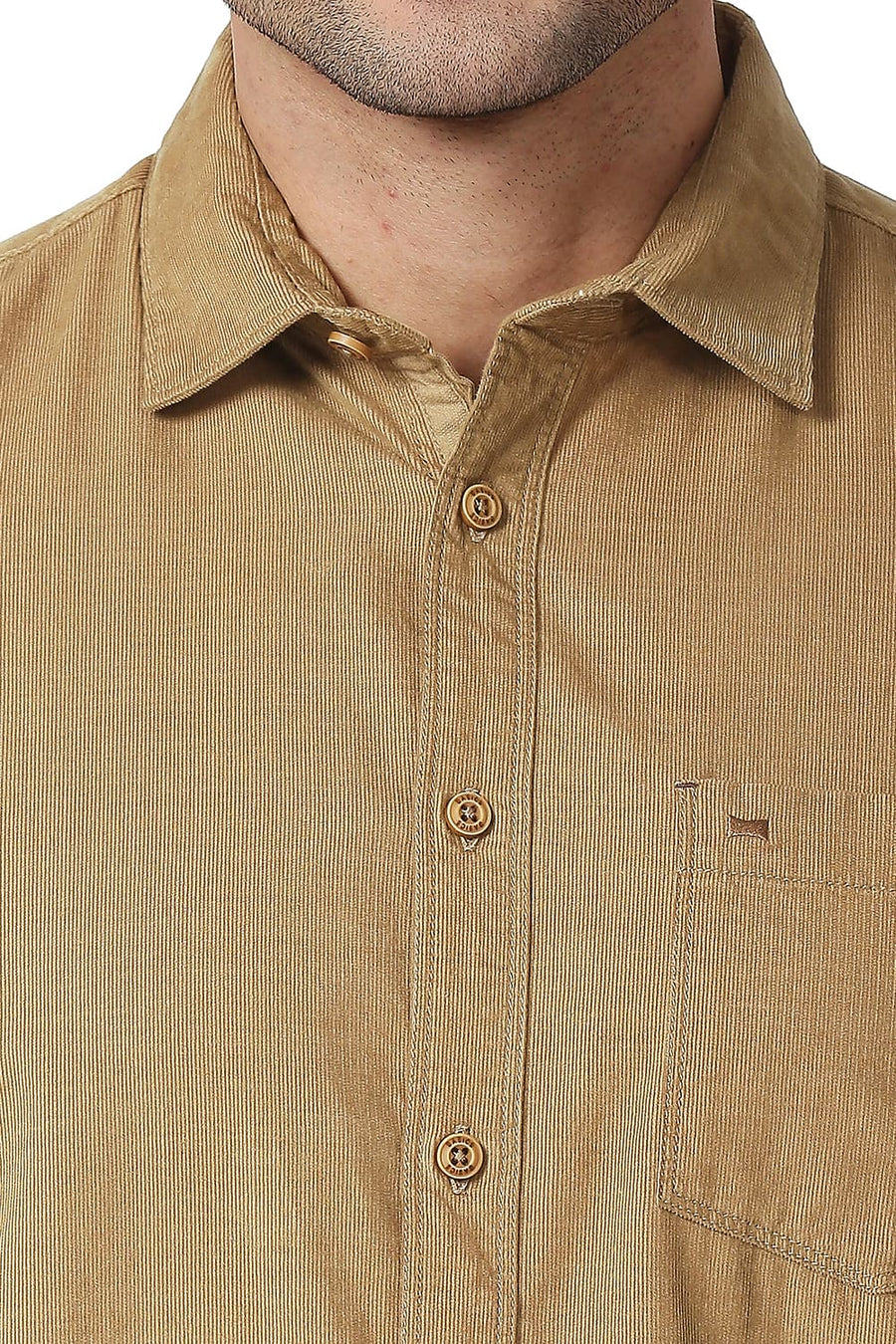 BASICS SLIM FIT BRONZE KHAKI COTTON CORDUORY SHIRT