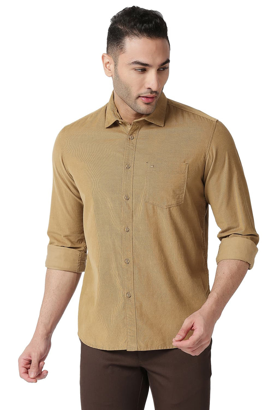 BASICS SLIM FIT BRONZE KHAKI COTTON CORDUORY SHIRT