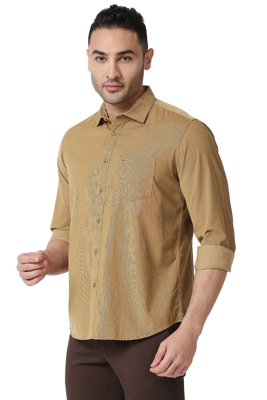 BASICS SLIM FIT BRONZE KHAKI COTTON CORDUORY SHIRT