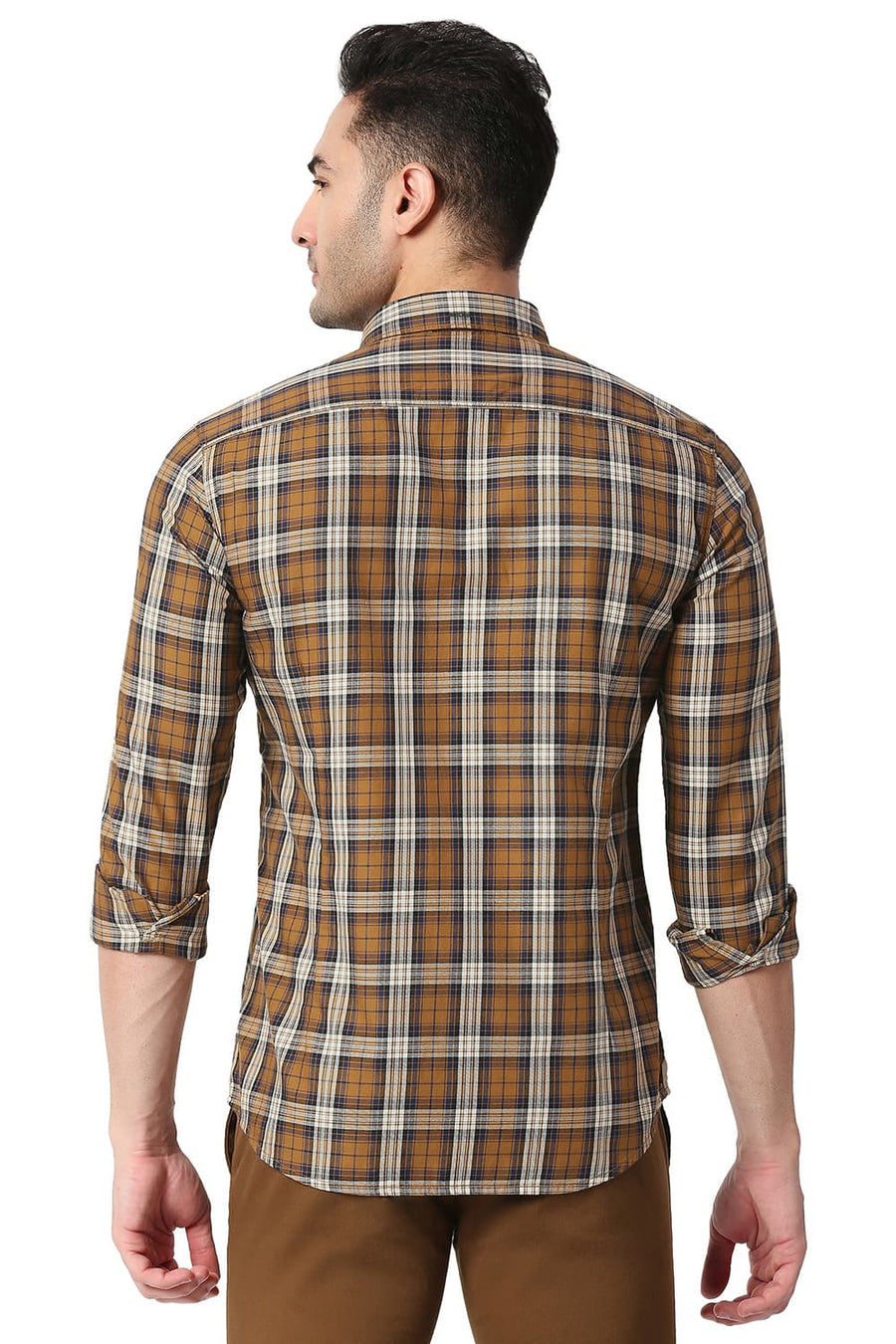 BASICS SLIM FIT CHIPMUNK BROWN COTTON TWILL CHECKS SHIRT