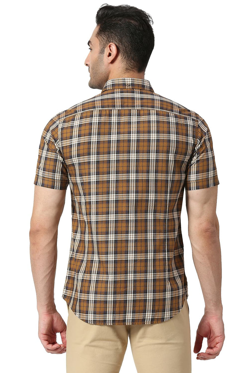 BASICS SLIM FIT COTTON TWILL CHECKS HALFSLEEVES SHIRT