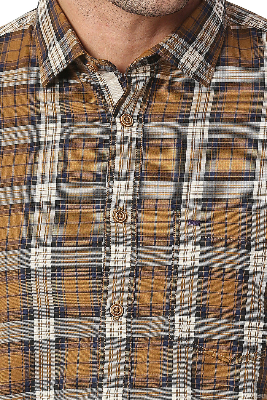 BASICS SLIM FIT CHIPMUNK BROWN COTTON TWILL CHECKS SHIRT