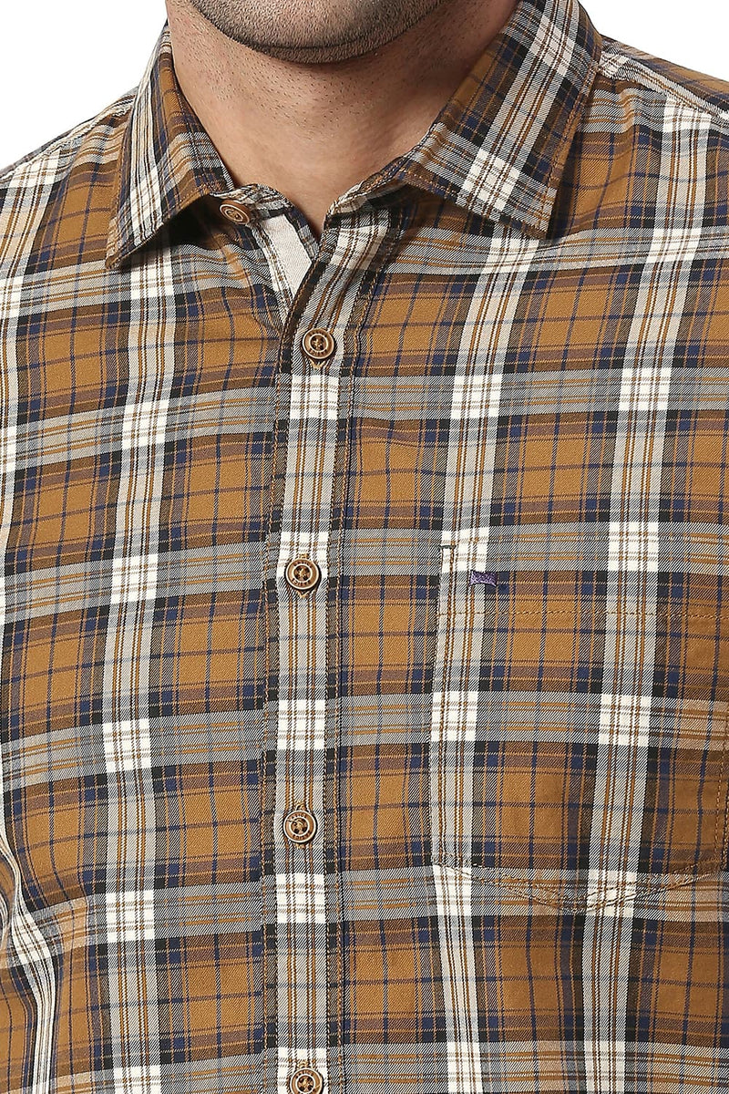 BASICS SLIM FIT COTTON TWILL CHECKS HALFSLEEVES SHIRT