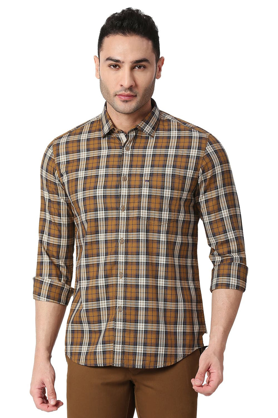 BASICS SLIM FIT CHIPMUNK BROWN COTTON TWILL CHECKS SHIRT
