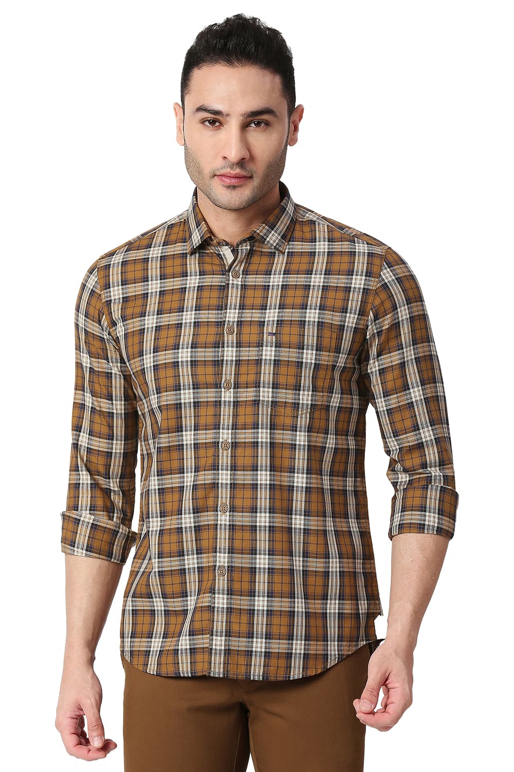 BASICS SLIM FIT COTTON TWILL CHECKS SHIRT