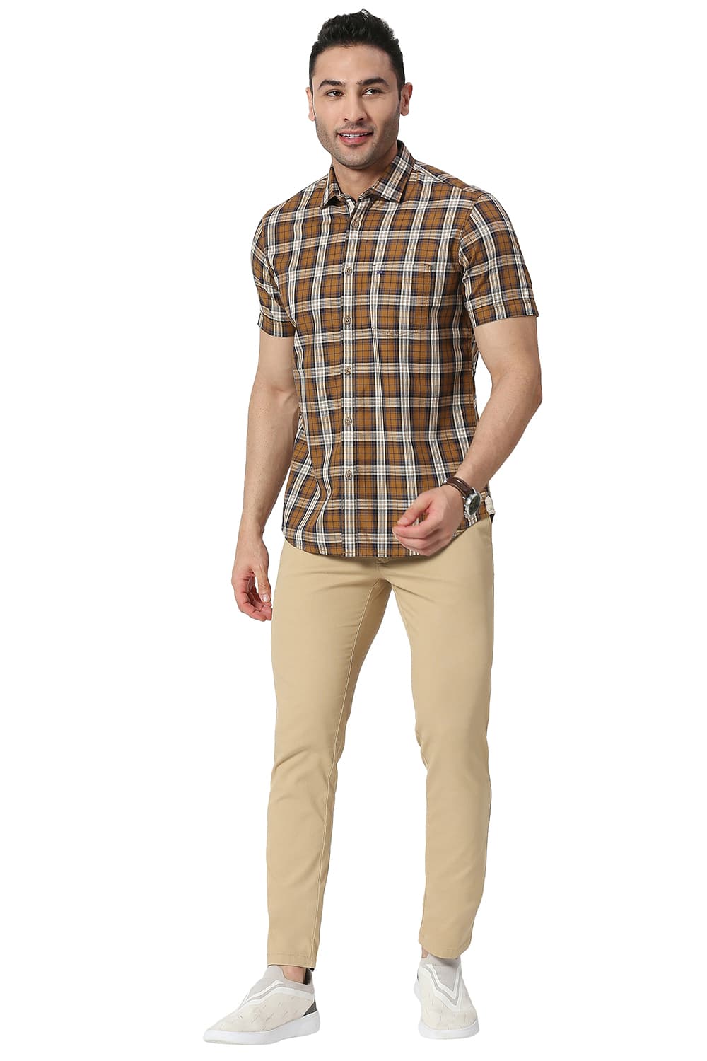 BASICS SLIM FIT COTTON TWILL CHECKS HALFSLEEVES SHIRT