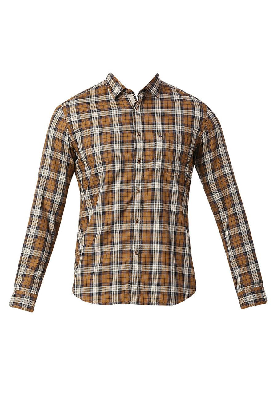 BASICS SLIM FIT CHIPMUNK BROWN COTTON TWILL CHECKS SHIRT