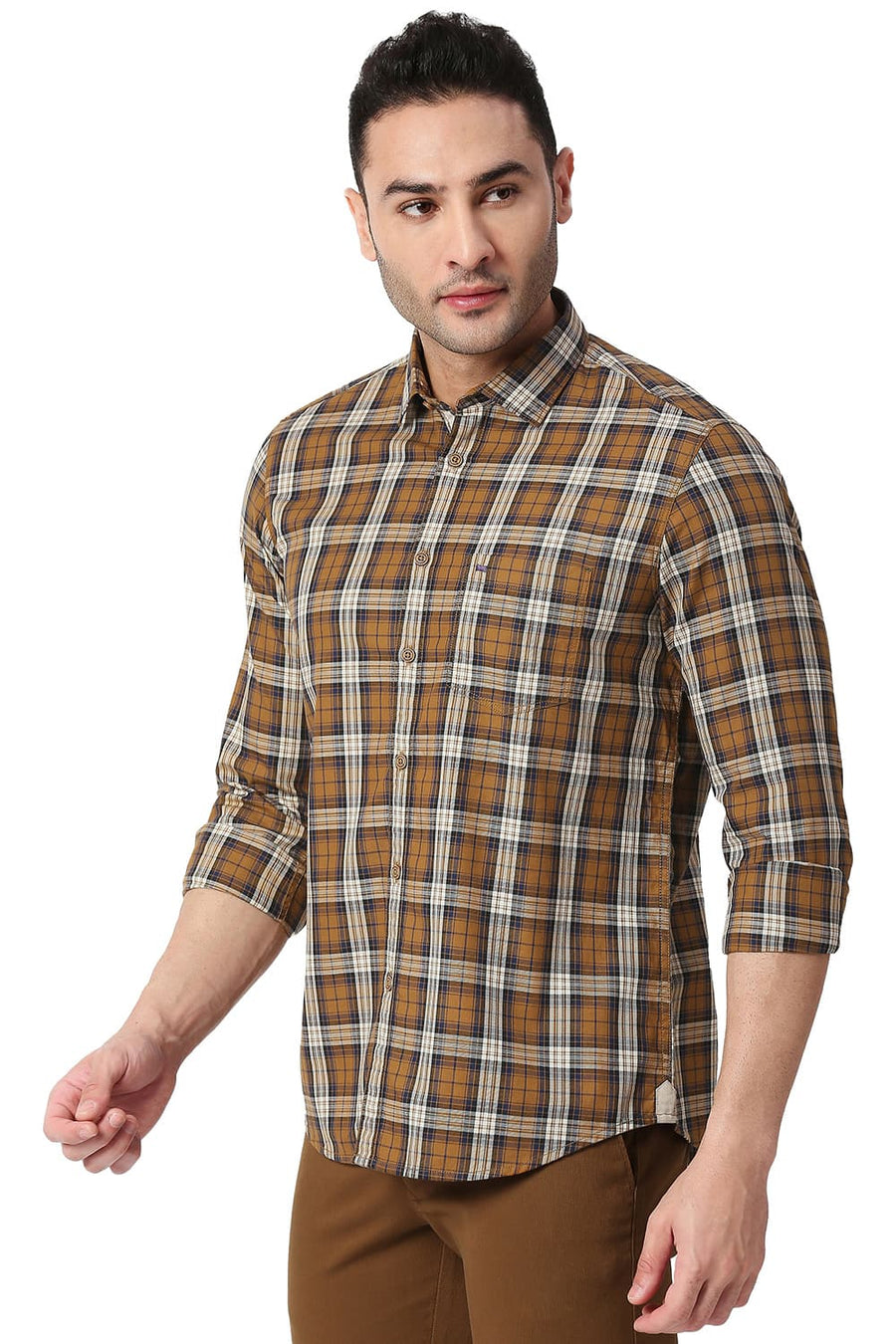 BASICS SLIM FIT CHIPMUNK BROWN COTTON TWILL CHECKS SHIRT