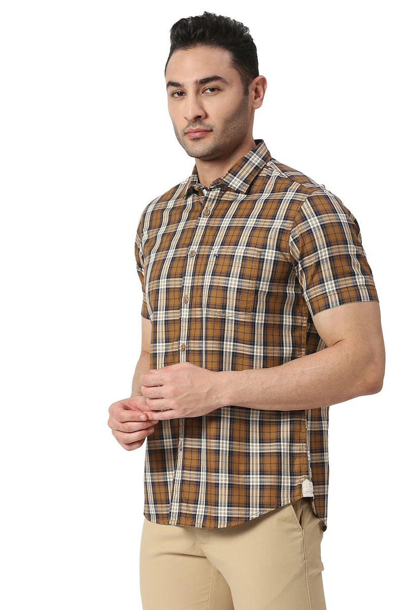 BASICS SLIM FIT COTTON TWILL CHECKS HALFSLEEVES SHIRT