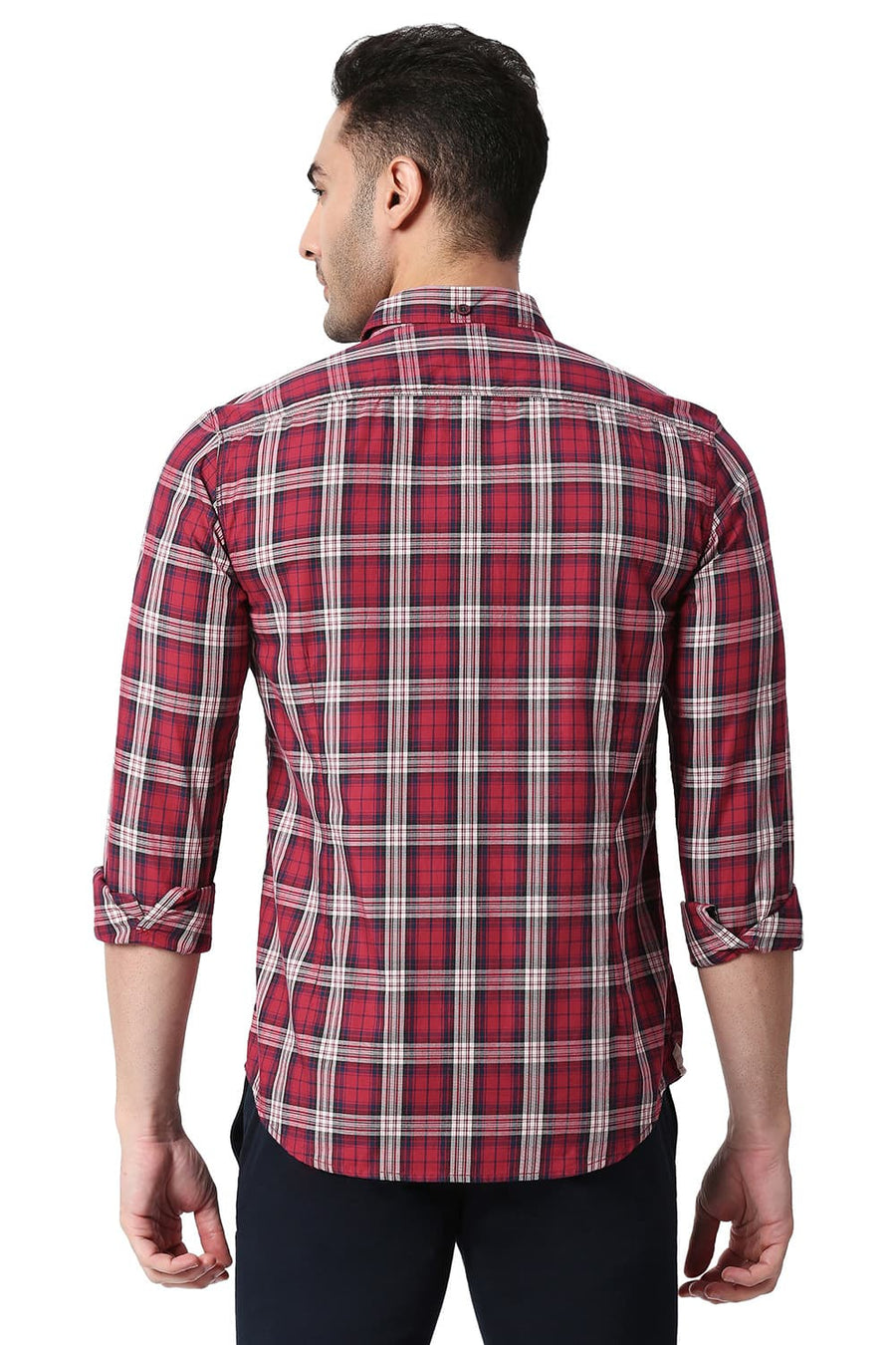 BASICS SLIM FIT CRIMSON RED COTTON TWILL CHECKS SHIRT