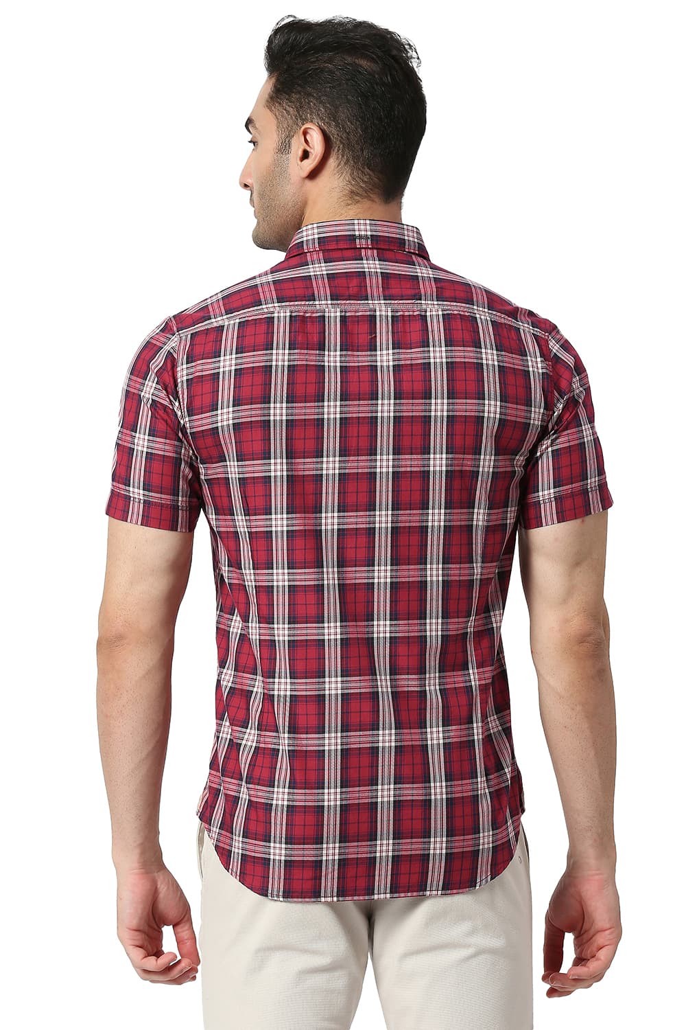 BASICS SLIM FIT COTTON TWILL CHECKS HALFSLEEVES SHIRT