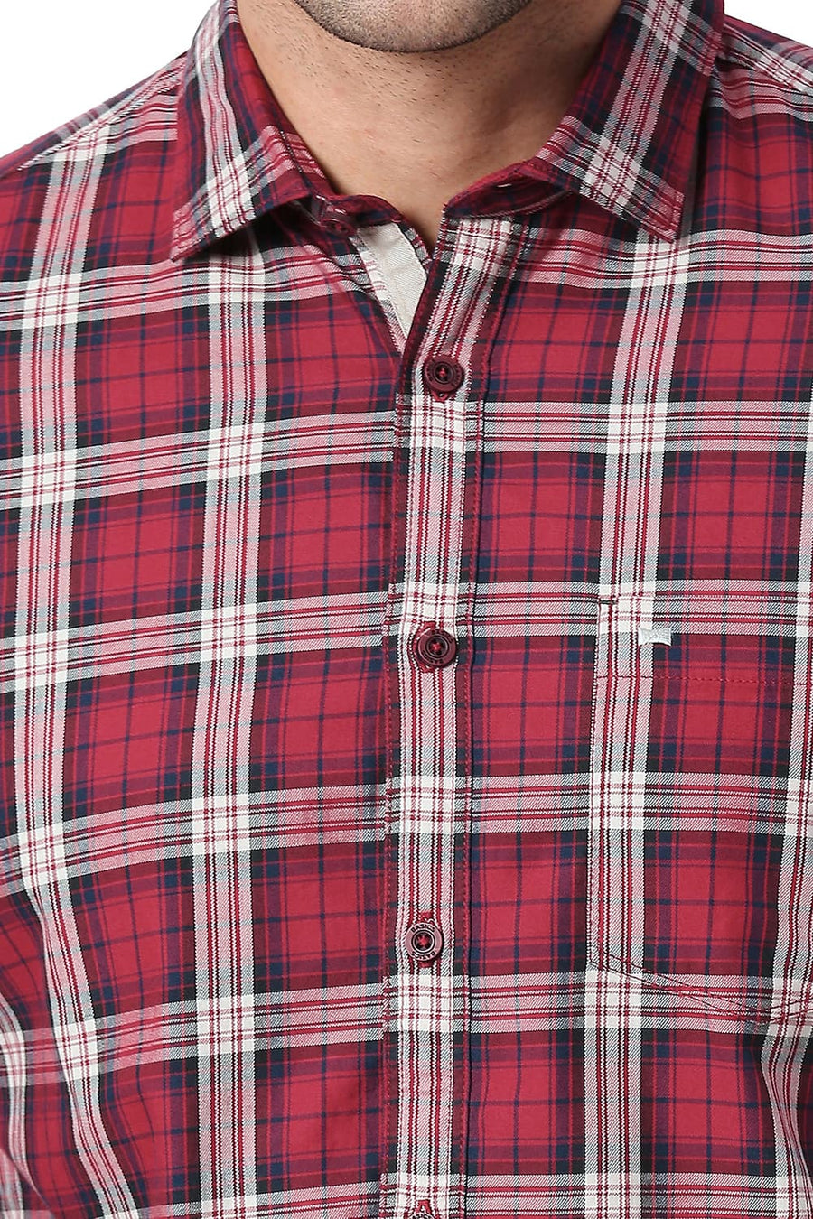 BASICS SLIM FIT CRIMSON RED COTTON TWILL CHECKS SHIRT