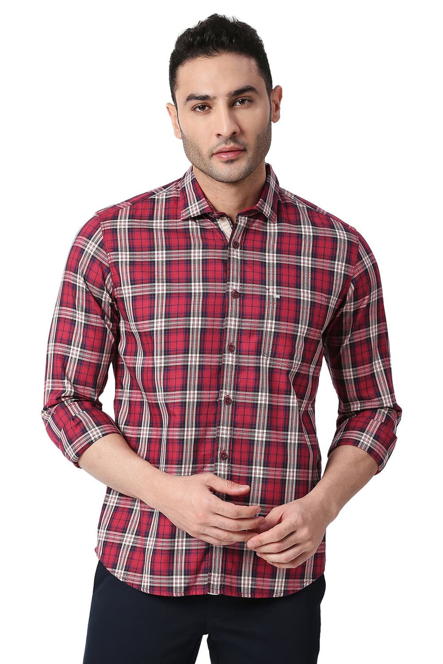 BASICS SLIM FIT CRIMSON RED COTTON TWILL CHECKS SHIRT