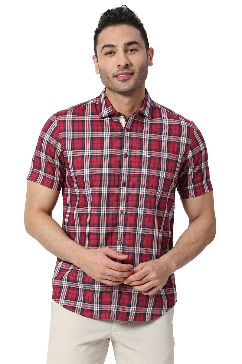 BASICS SLIM FIT COTTON TWILL CHECKS HALFSLEEVES SHIRT