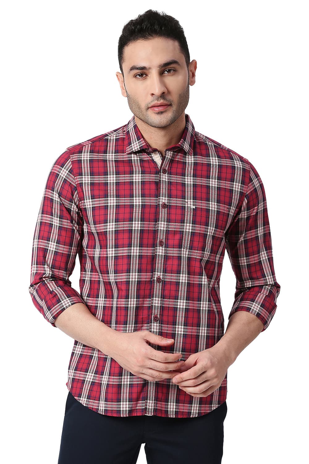 BASICS SLIM FIT COTTON TWILL CHECKS SHIRT