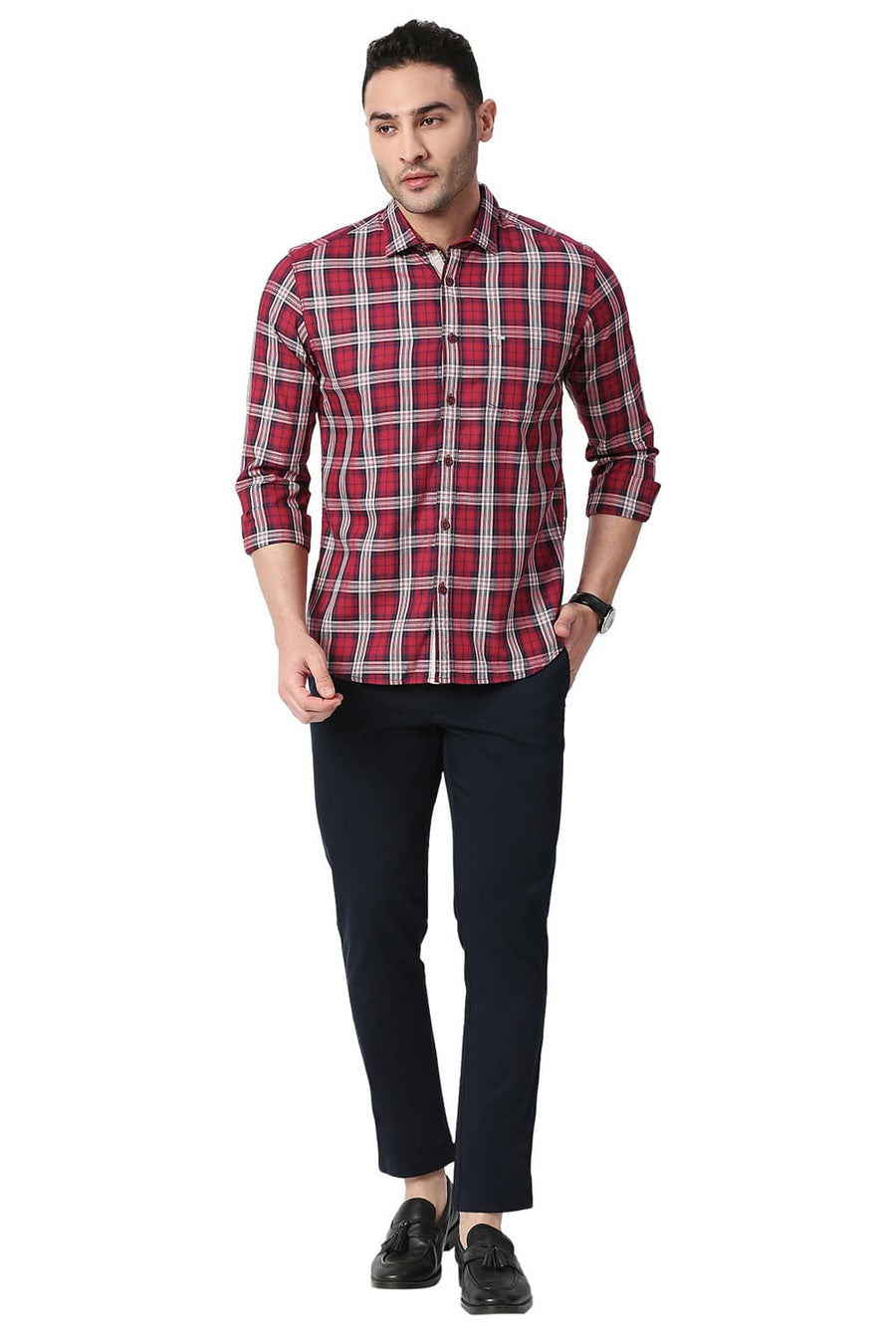 BASICS SLIM FIT CRIMSON RED COTTON TWILL CHECKS SHIRT