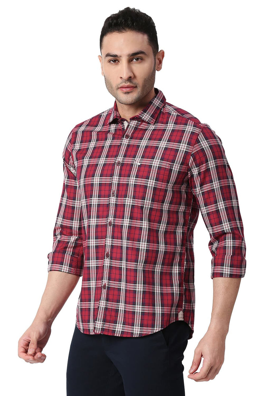 BASICS SLIM FIT CRIMSON RED COTTON TWILL CHECKS SHIRT