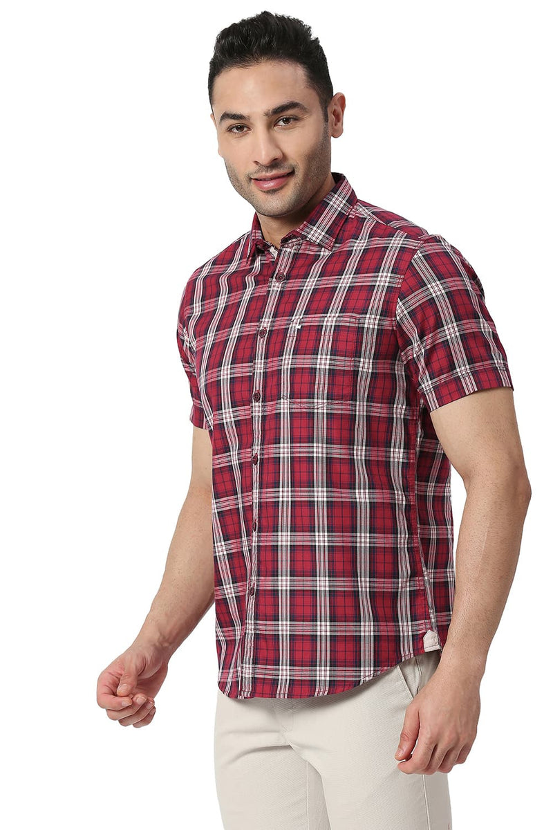 BASICS SLIM FIT COTTON TWILL CHECKS HALFSLEEVES SHIRT