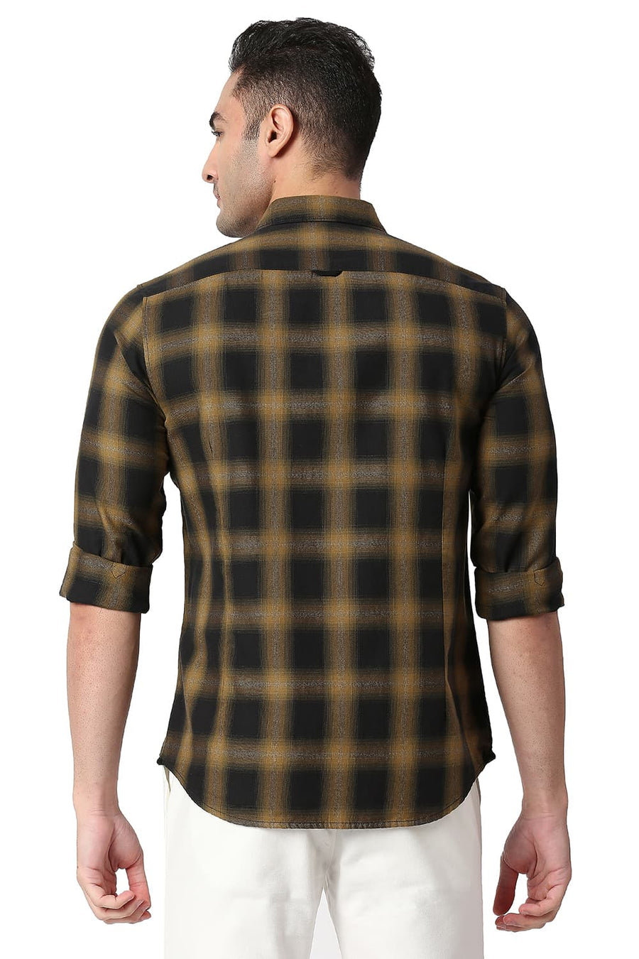 BASICS SLIM FIT TINSEL YELLOW COTTON GRINDLE CHECKS SHIRT