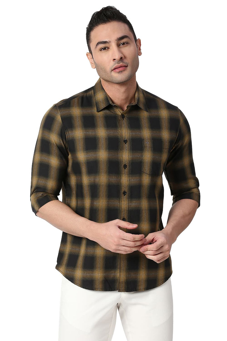 BASICS SLIM FIT TINSEL YELLOW COTTON GRINDLE CHECKS SHIRT
