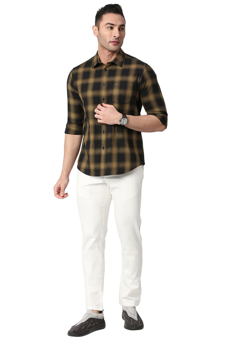 BASICS SLIM FIT TINSEL YELLOW COTTON GRINDLE CHECKS SHIRT