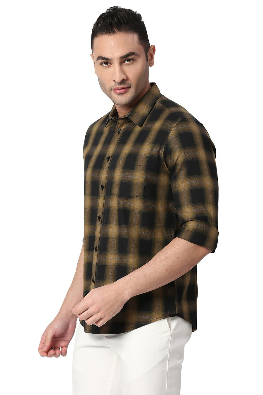 BASICS SLIM FIT TINSEL YELLOW COTTON GRINDLE CHECKS SHIRT
