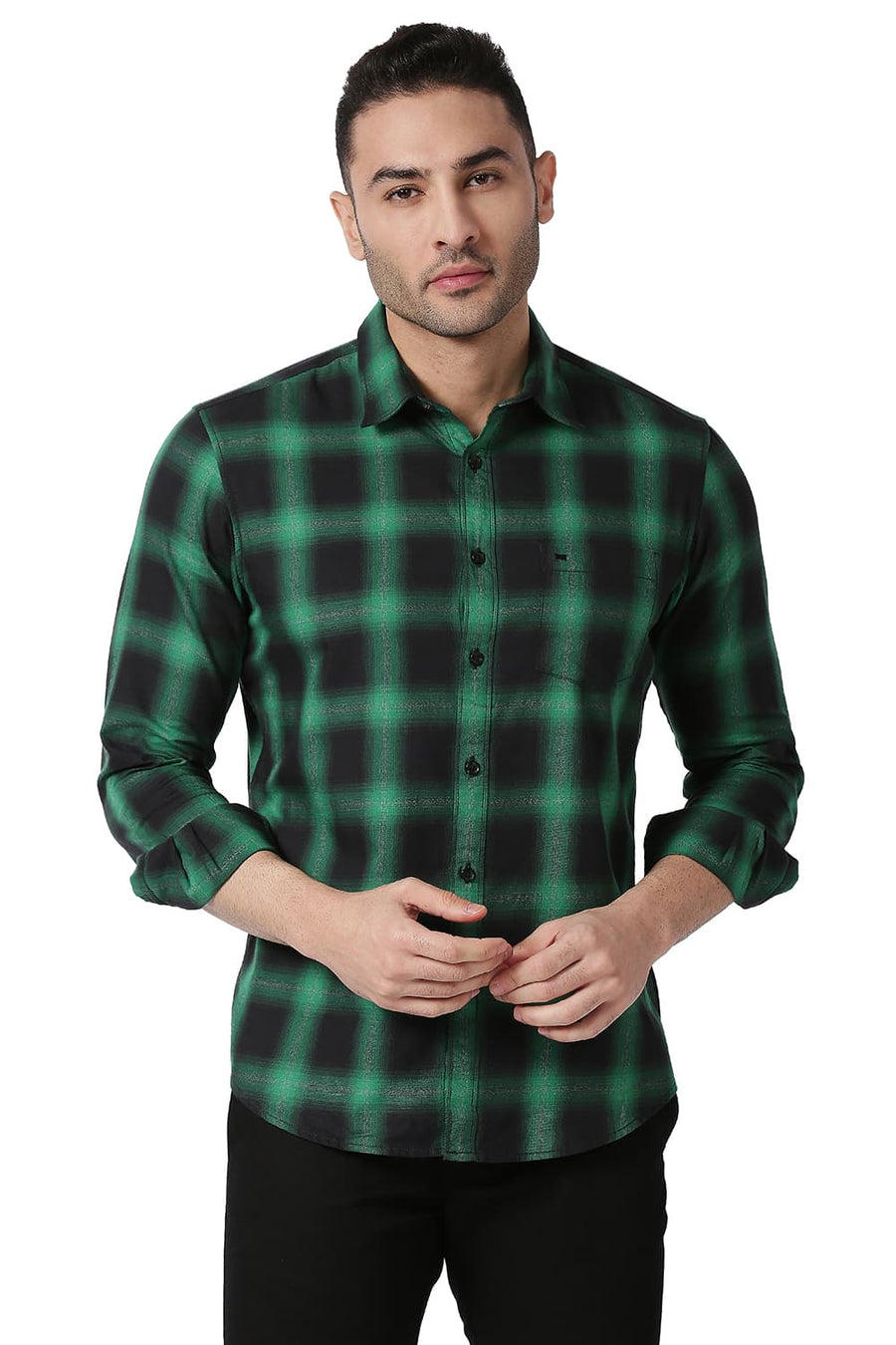 BASICS SLIM FIT JELLY GREEN COTTON GRINDLE CHECKS SHIRT