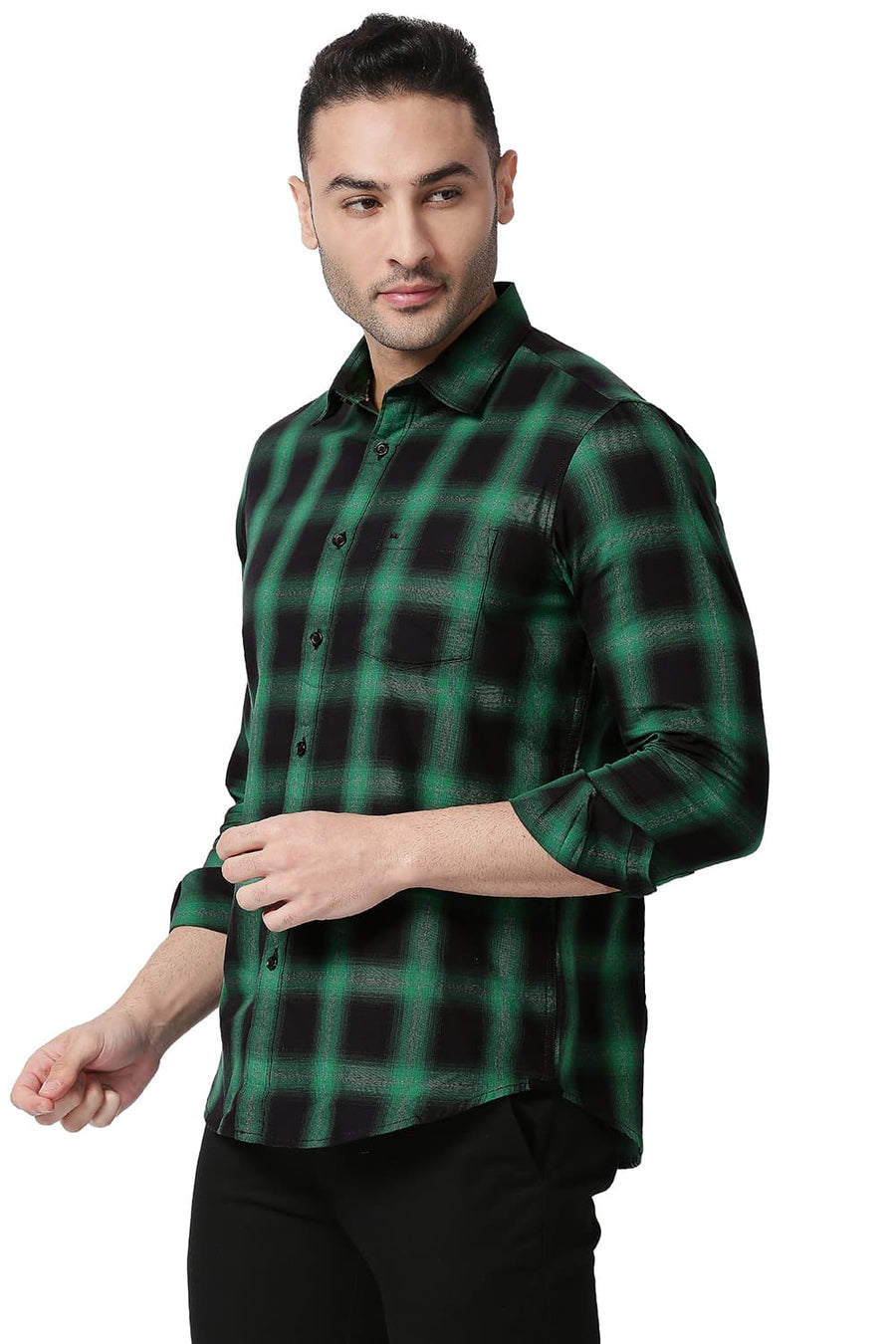 BASICS SLIM FIT JELLY GREEN COTTON GRINDLE CHECKS SHIRT