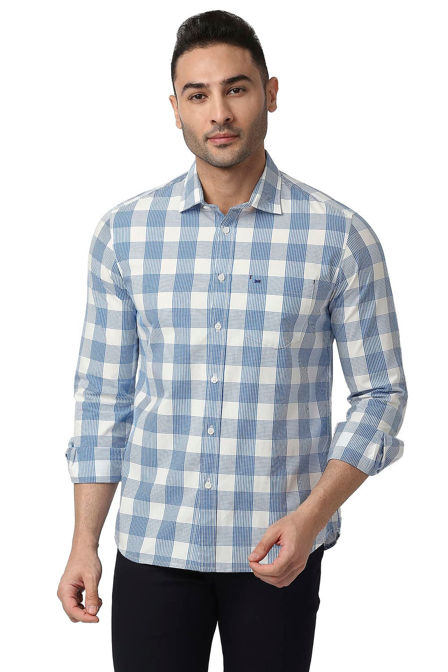 BASICS SLIM FIT IMPERIAL BLUE COTTON CHECKS SHIRT