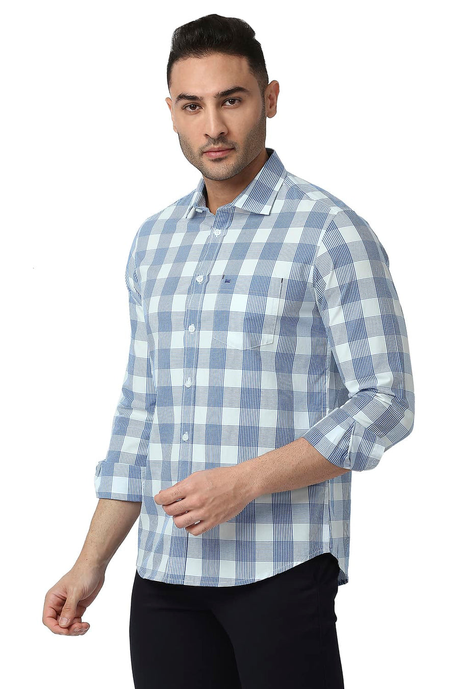 BASICS SLIM FIT IMPERIAL BLUE COTTON CHECKS SHIRT