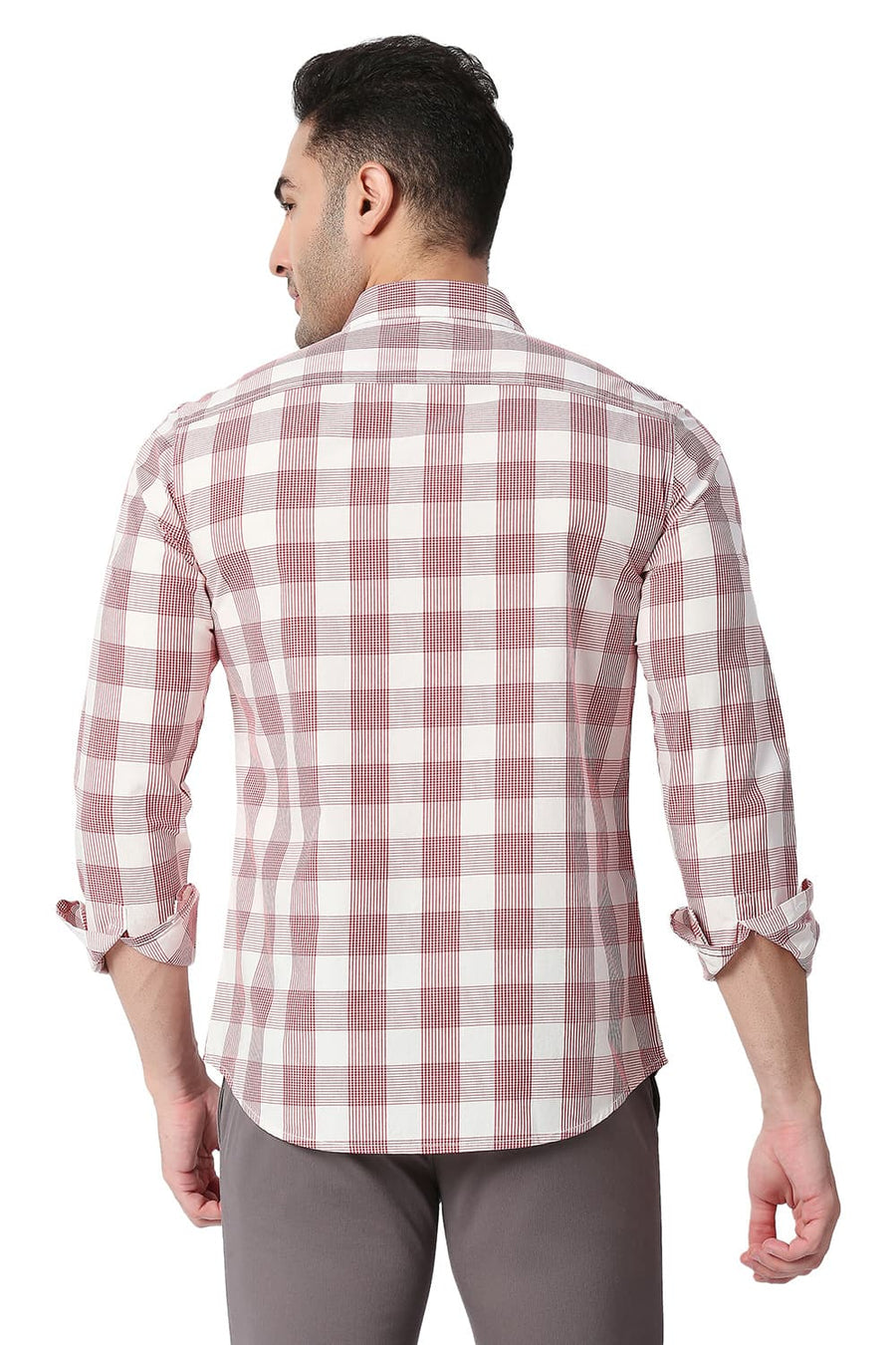 BASICS SLIM FIT RACING RED COTTON CHECKS SHIRT