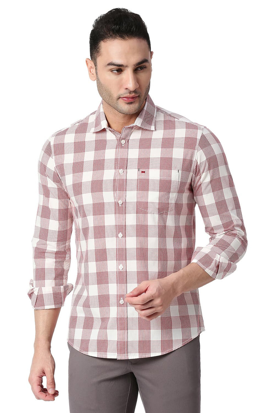 BASICS SLIM FIT RACING RED COTTON CHECKS SHIRT