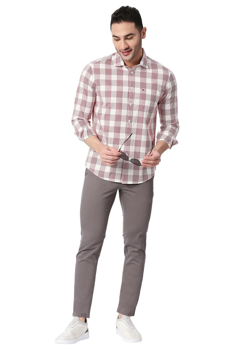BASICS SLIM FIT RACING RED COTTON CHECKS SHIRT