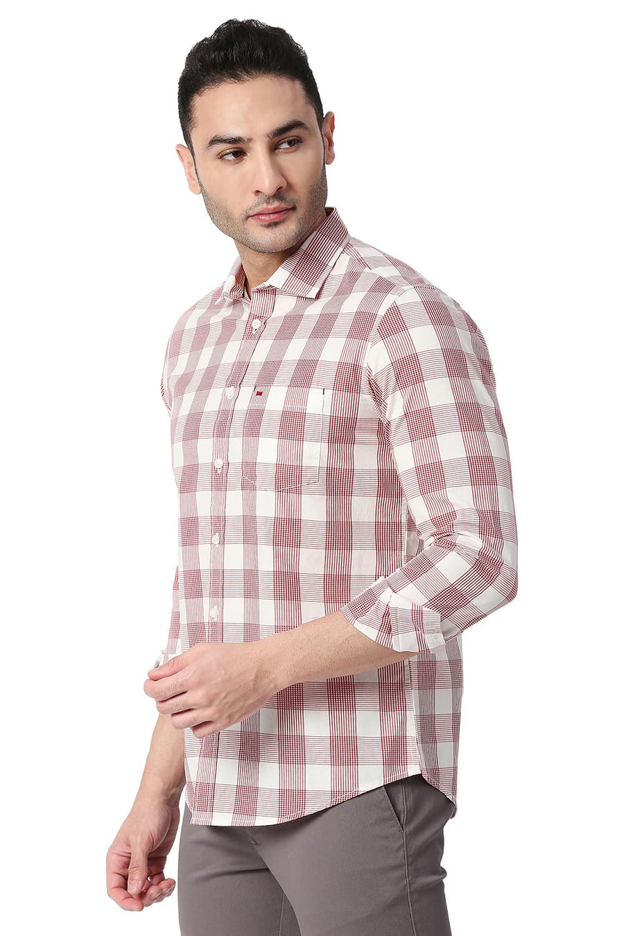 BASICS SLIM FIT RACING RED COTTON CHECKS SHIRT