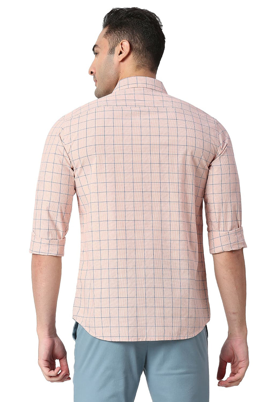 BASICS SLIM FIT MUTED ORANGE COTTON CHECKS SHIRT