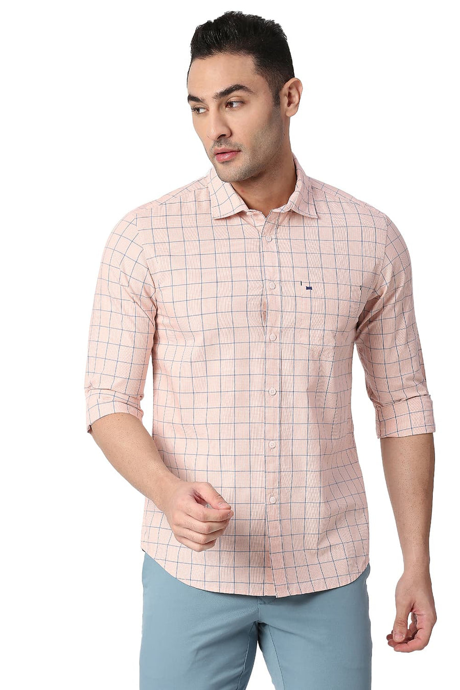 BASICS SLIM FIT MUTED ORANGE COTTON CHECKS SHIRT