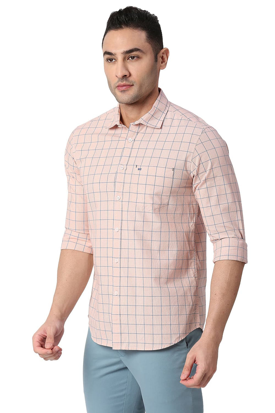 BASICS SLIM FIT MUTED ORANGE COTTON CHECKS SHIRT