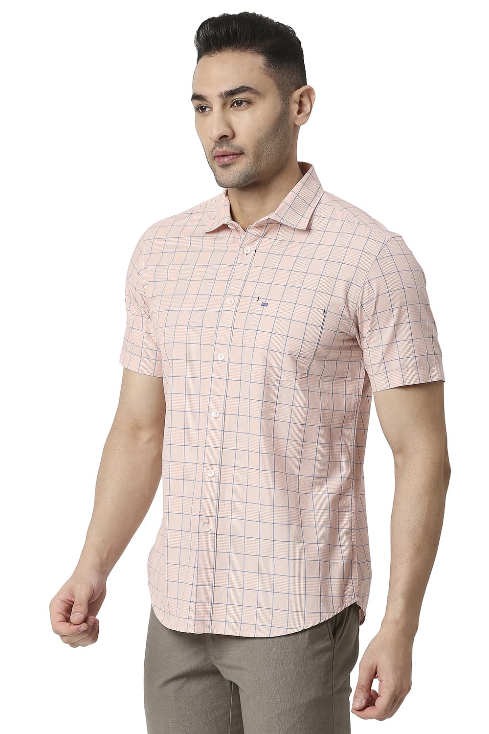 BASICS SLIM FIT COTTON CHECKS HALFSLEEVES SHIRT