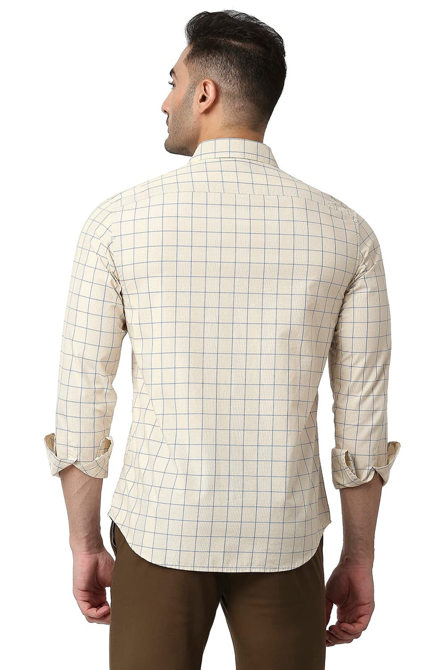 BASICS SLIM FIT TOFU BEIGE COTTON CHECKS SHIRT