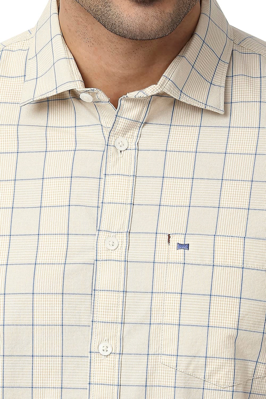 BASICS SLIM FIT TOFU BEIGE COTTON CHECKS SHIRT
